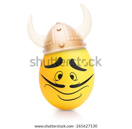 Yellow cute egg with emotional face in  Viking helmet
