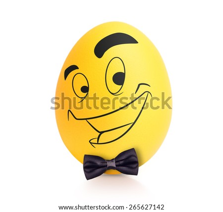 Yellow cute egg with emotional face in bow tie