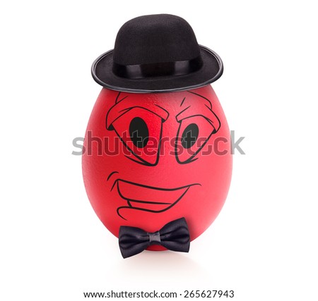 Red cute egg with emotional face in hat and bow tie