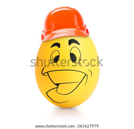 Yellow cute egg with emotional face in construction helmet