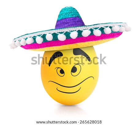 Yellow cute egg with emotional face in sombrero
