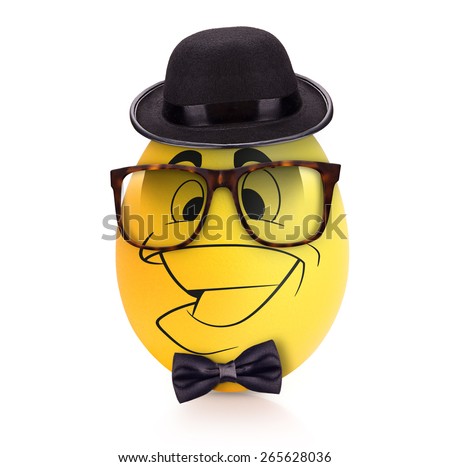 Yellow cute egg with emotional face in hat, glasses and bow tie