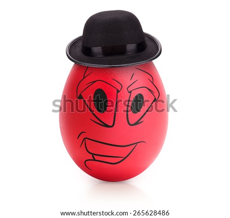 Red cute egg with emotional face in hat