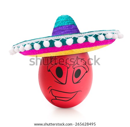 Red cute egg with emotional face in sombrero