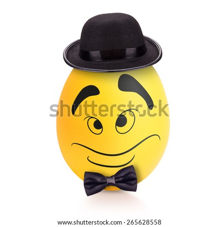 Yellow cute egg with emotional face in hat and bow tie