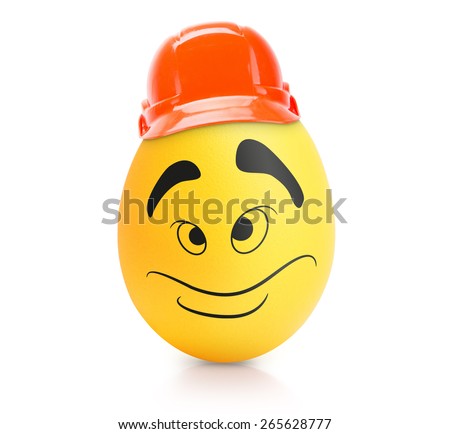 Yellow cute egg with emotional face in construction helmet