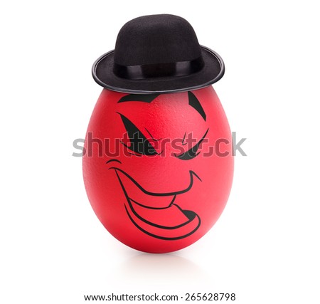 Red evil egg with emotional face in hat