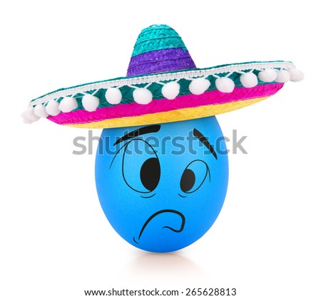 Blue sad egg with emotional face in sombrero