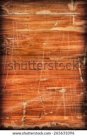 Photograph of obsolete old, varnished, weathered Wooden Laminated Panel, cracked, scratched, vignette grunge texture.