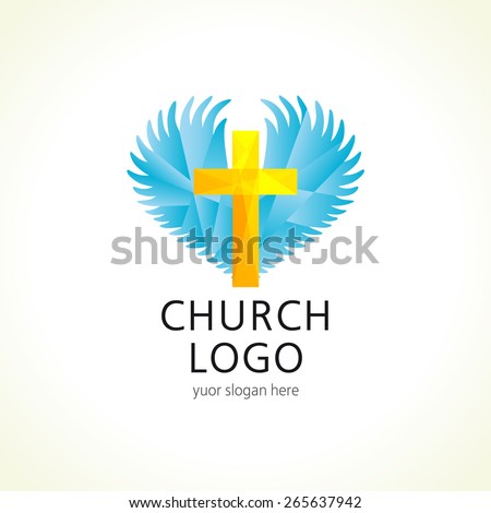 Cross, heart, angel's wings. Religious vector christian church logo. Symbol of love, prayer and faith. Emblem for charity organizations or music album idea. Isolated abstract graphic design template.