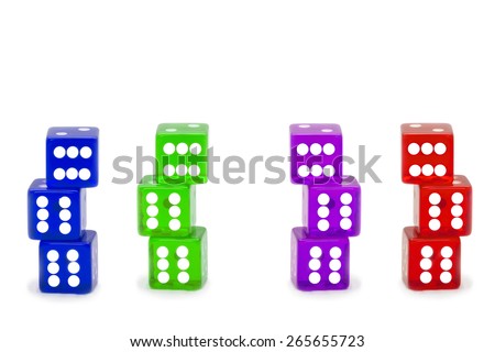 Nice colorful dices, number six showed. White background.