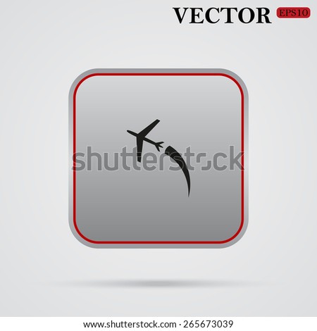 Gray square with a red stroke on a white background with shadow.  The plane takes off. Icon plane. Vector illustration, EPS 10 