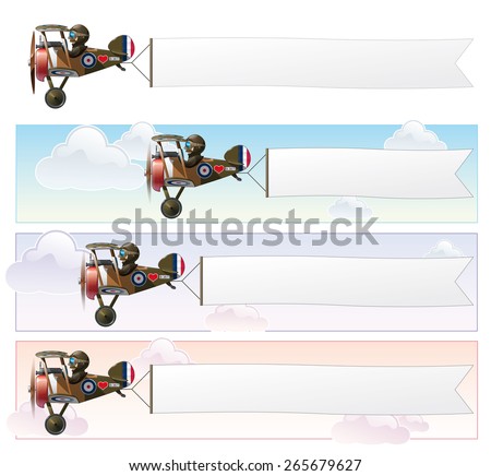 Set of a Vector cartoon illustrations of the British WWI fighter biplane Vickers flying with an aerial advertising banner.  The banner is in three sizes 