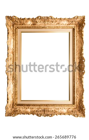 Old antique golden frame over white isolated background, beautiful vintage background 