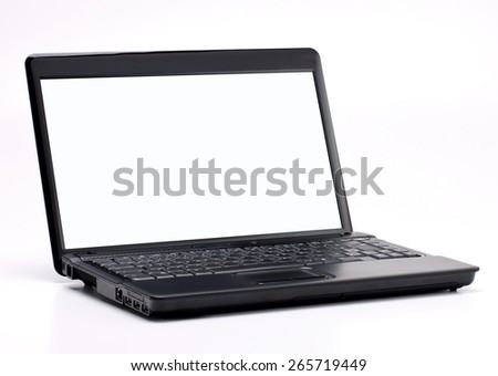 Black Laptop with Blank Screen isolated on White Background. Real Shadow. Front View with Copy Space for Text or Image
