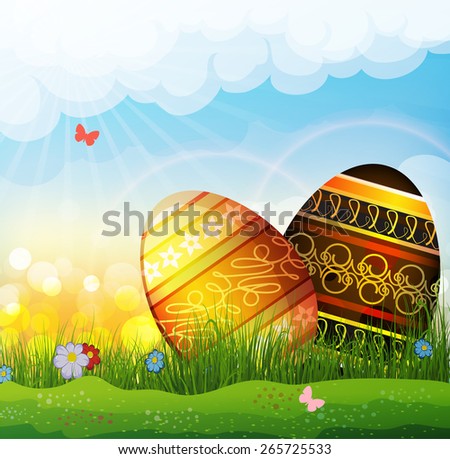  Easter eggs with abstract pattern  in the meadow