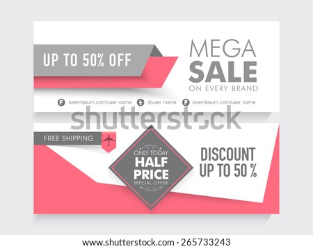 Mega Sale with 50% discount and free shipping offer, two sided website header or banner set.