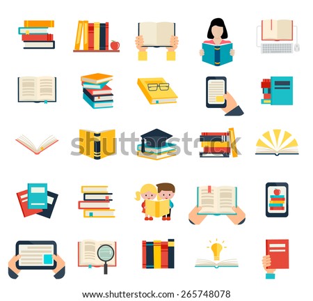 Books set in flat design style isolated on white background, vector illustration.  E-learning symbols