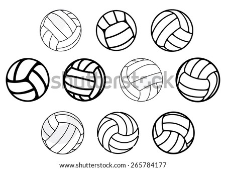 Outline and cartoon leather volleyball balls in blue, white and gray colors isolated on white background for sporting design