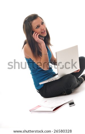 one young teen woman girl work on laptop isolated business