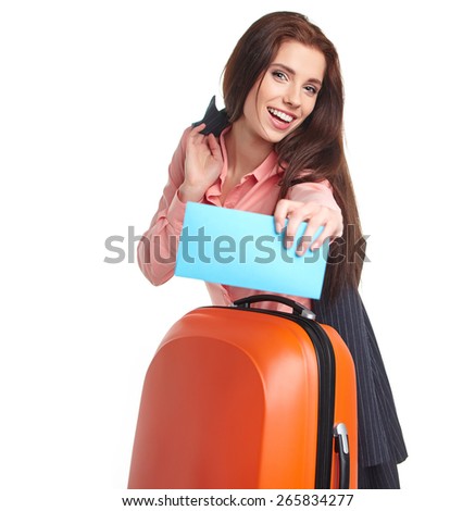 businesswoman with a suitcase and a ticket on a white background