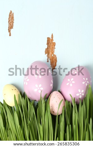 Easter eggs and grass on wooden background