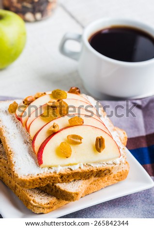 toast with ricotta, apple, honey and dried fruits, coffee, healthy breakfast, white background