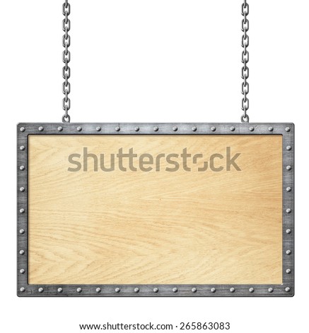 wood signboard or frame on chain isolated on white 