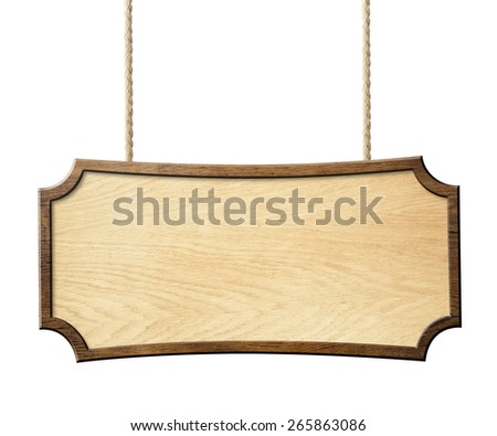 wood sign hanging on ropes isolated on white