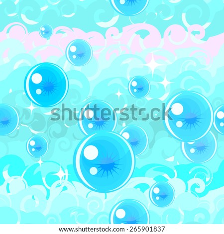 Air bubbles on the background of a stylized sea waves. Seamless pattern.