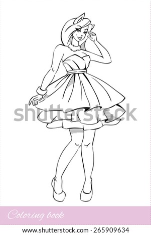 Coloring book with Girl. Isolation Woman Coloring Page. Cartoon. Vector. Smiling Sweet Girl with Cat Ears in Beautiful dress. Can print for coloring book or just give kids decorate.