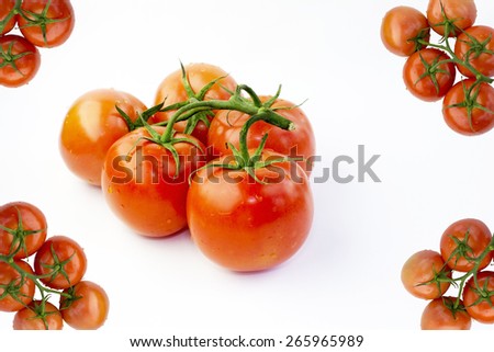 Red Fresh Ripe Stem Tomatoes and Four Corners Tomato Frame Isolated on White Fabric Background