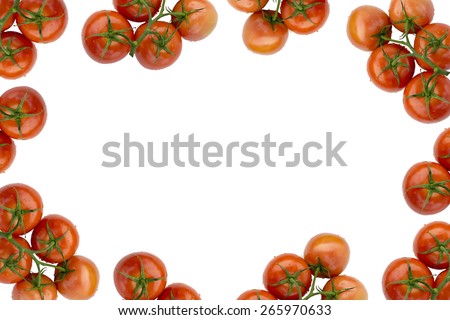 Red Fresh Ripe Stem Tomatoes  Frame Isolated on White Fabric Background