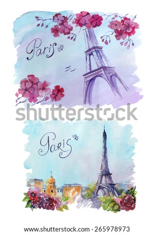 drawing by hand on wright paper beautiful background with Paris. Watercolor illustration with Eiffel Tower, view of the city with high and many beautiful flowers. inscription by hand. vector