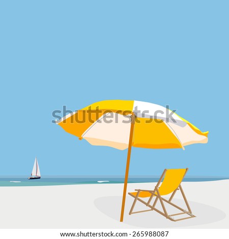 Beach illustration blue sky, sea, sand, beach umbrella, beach chair and sail boat