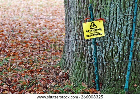 Electrified fencing with warning sign under a tree in a meadow. 