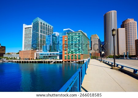 Boston skyline from Seaport boulevard bridge Massachusetts USA