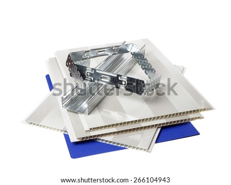  pvc panels, metal profile on ceiling isolated on white background