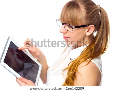 Happy smiling busies lady with laptop, isolated over white