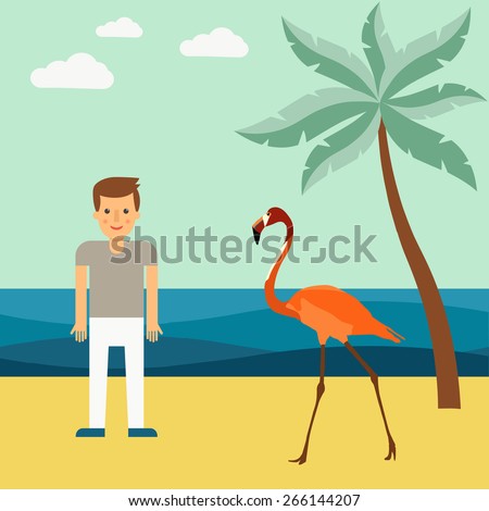 Illustration of palm trees and flamingos on the beach