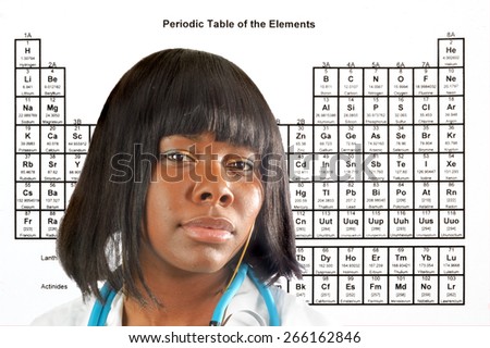 Female doctor or scientist in front of a periodic table of elements