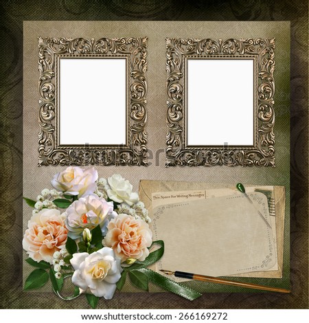 Frames, a bouquet of roses, old letters on a vintage background