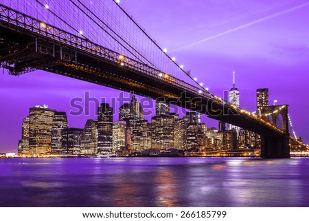 New York City Manhattan buildings Brooklyn Bridge night evening view skyline