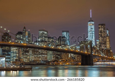 New York City Manhattan buildings Brooklyn Bridge night evening view skyline