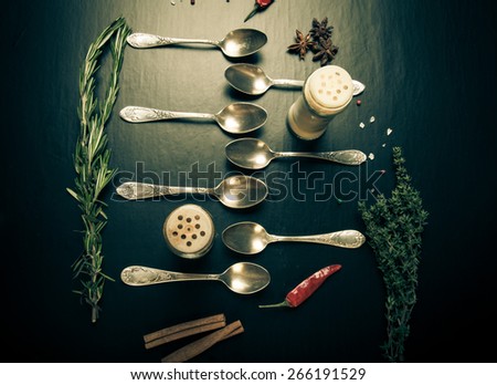 Herbs and spices with old metal spoons on a black background. Toned.