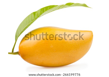 Delicious ripe mango with green leaf on white background. Royalty-Free Stock Photo #266199776