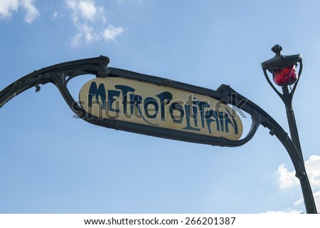 Famous Art Nouveau sign for the Metropolitain underground system in Paris, France.
