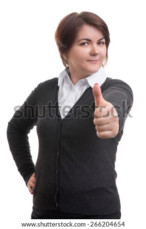 Beautiful smiling business woman isolated on a white background. Thumb up.