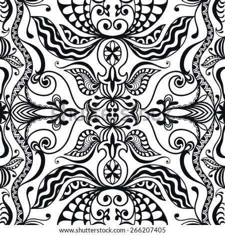 Black and white graphic seamless pattern. Hand drawn ethnic tribal ornament. Vector geometric background