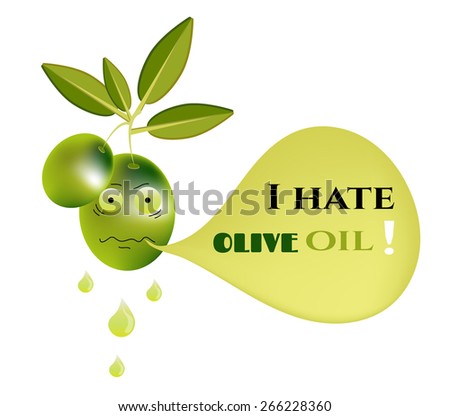 Funny, green olive with leaves and text